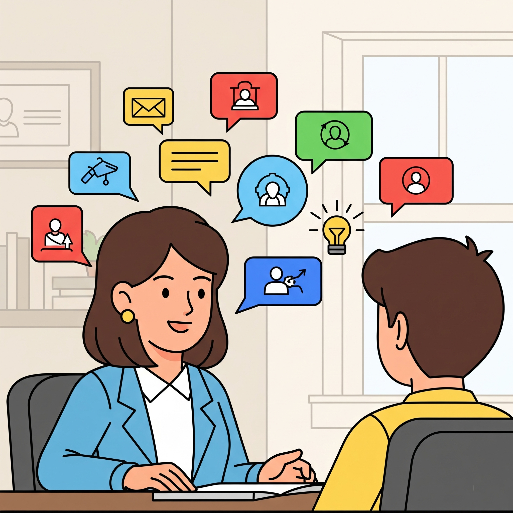 Ilustración de una orientadora profesional asesorando a un joven